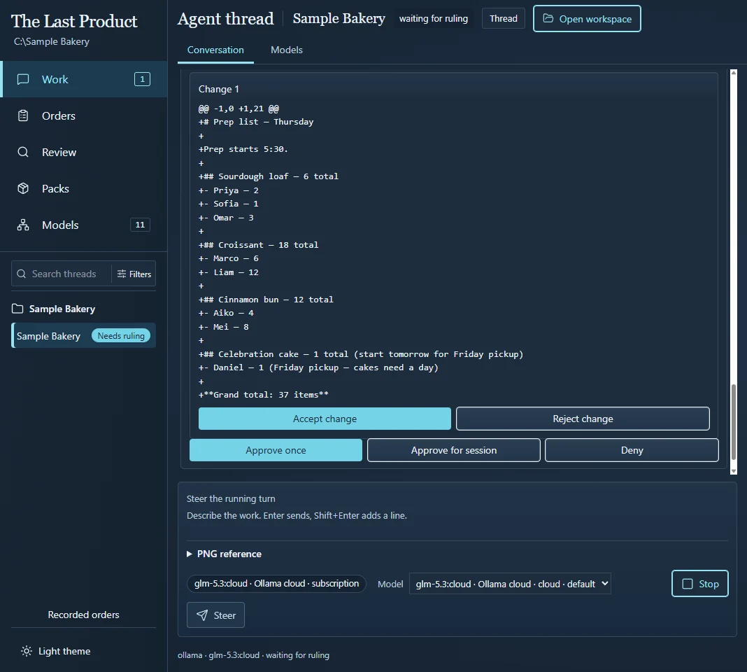 The Last Product desktop app holding a sample bakery prep list for the owner to approve, captured on October 14, 2026